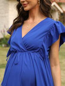 Maternidad Vestido unicolor de manga mariposa de cuello cruzado - Azul - Ver 6