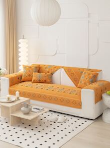 1pc Geometric Pattern Sofa Towel, Orange Sofa Armrest Cover, Sofa Backrest Cover, For Living Room - Orange - View 1