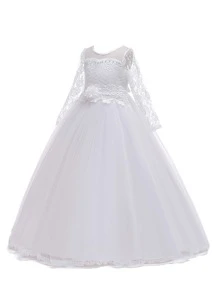 Tween Girl Long Solid Color Lace Tulle Satin Elegant Formal Dress, Suitable For Attending Balls And Galas, Excluding Headband - White - View 3