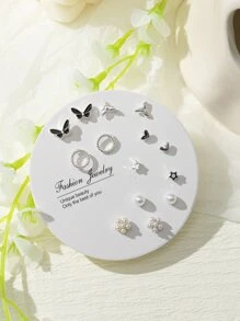 7pairs/set Fashion Zinc Alloy Butterfly & Heart Stud Earrings For Women For Daily Decoration