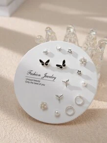 7pairs/set Fashion Zinc Alloy Butterfly & Heart Stud Earrings For Women For Daily Decoration