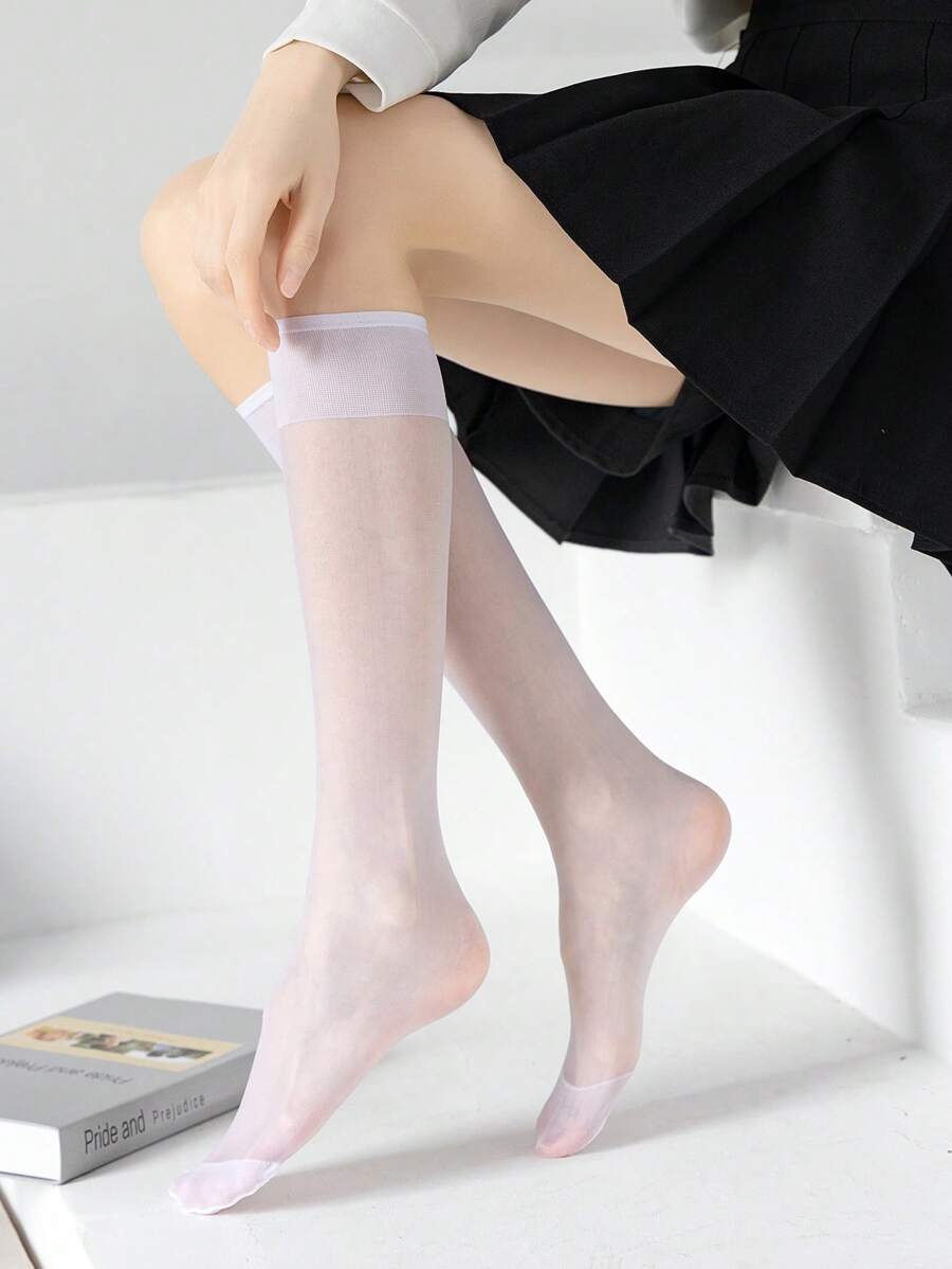Solid Stretchy Over The Calf Socks, Cozy - White - View 1