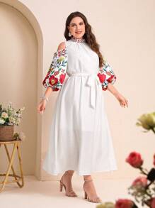 Mulvari Plus Floral Print Cold Shoulder Belted Dress - White - View 3