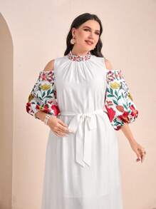 Mulvari Plus Floral Print Cold Shoulder Belted Dress - White - View 5
