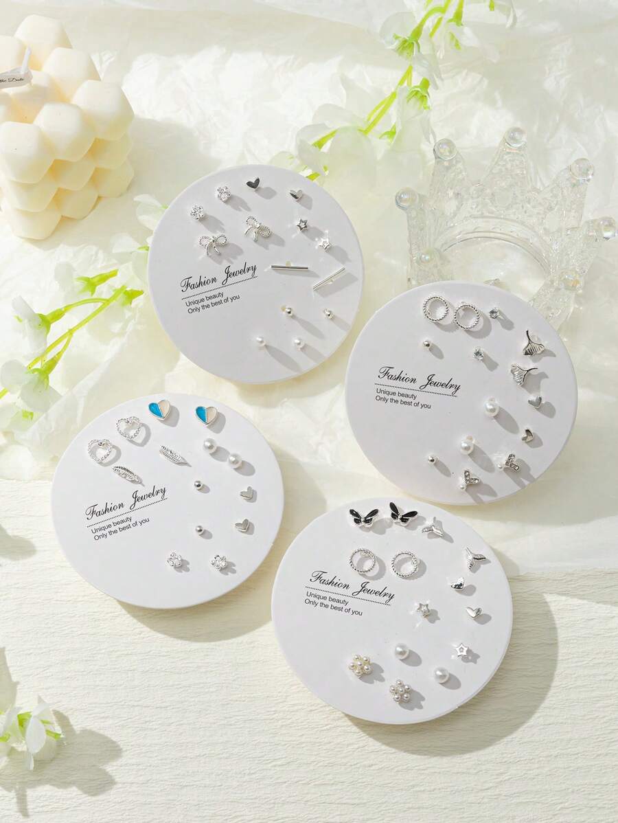 7pairs/set Fashion Zinc Alloy Butterfly & Heart Stud Earrings For Women For Daily Decoration