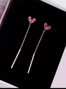 1 Pair Women Cubic Zirconia Heart-Shaped Long Tassel Earrings, Fashionable Eardrops, Elegant Everyday Jewelry Gift - Hot Pink - View 1
