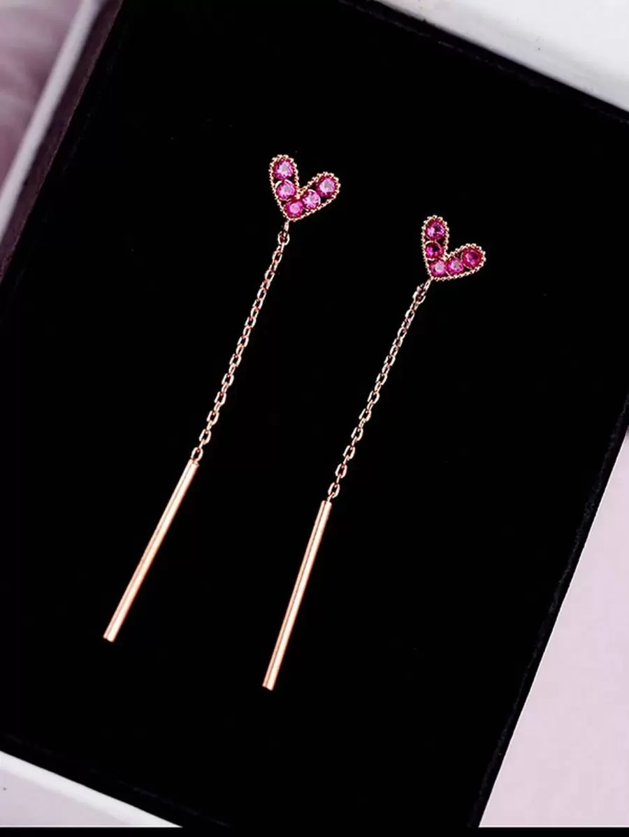 1 Pair Women Cubic Zirconia Heart-Shaped Long Tassel Earrings, Fashionable Eardrops, Elegant Everyday Jewelry Gift - Hot Pink - View 1