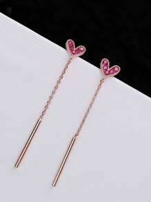 1 Pair Women Cubic Zirconia Heart-Shaped Long Tassel Earrings, Fashionable Eardrops, Elegant Everyday Jewelry Gift - Hot Pink - View 3