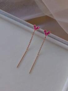 1 Pair Women Cubic Zirconia Heart-Shaped Long Tassel Earrings, Fashionable Eardrops, Elegant Everyday Jewelry Gift - Hot Pink - View 4