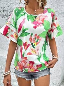 SHEIN VCAY 印花荷葉袖襯衫 - 彩色 - 查看 4