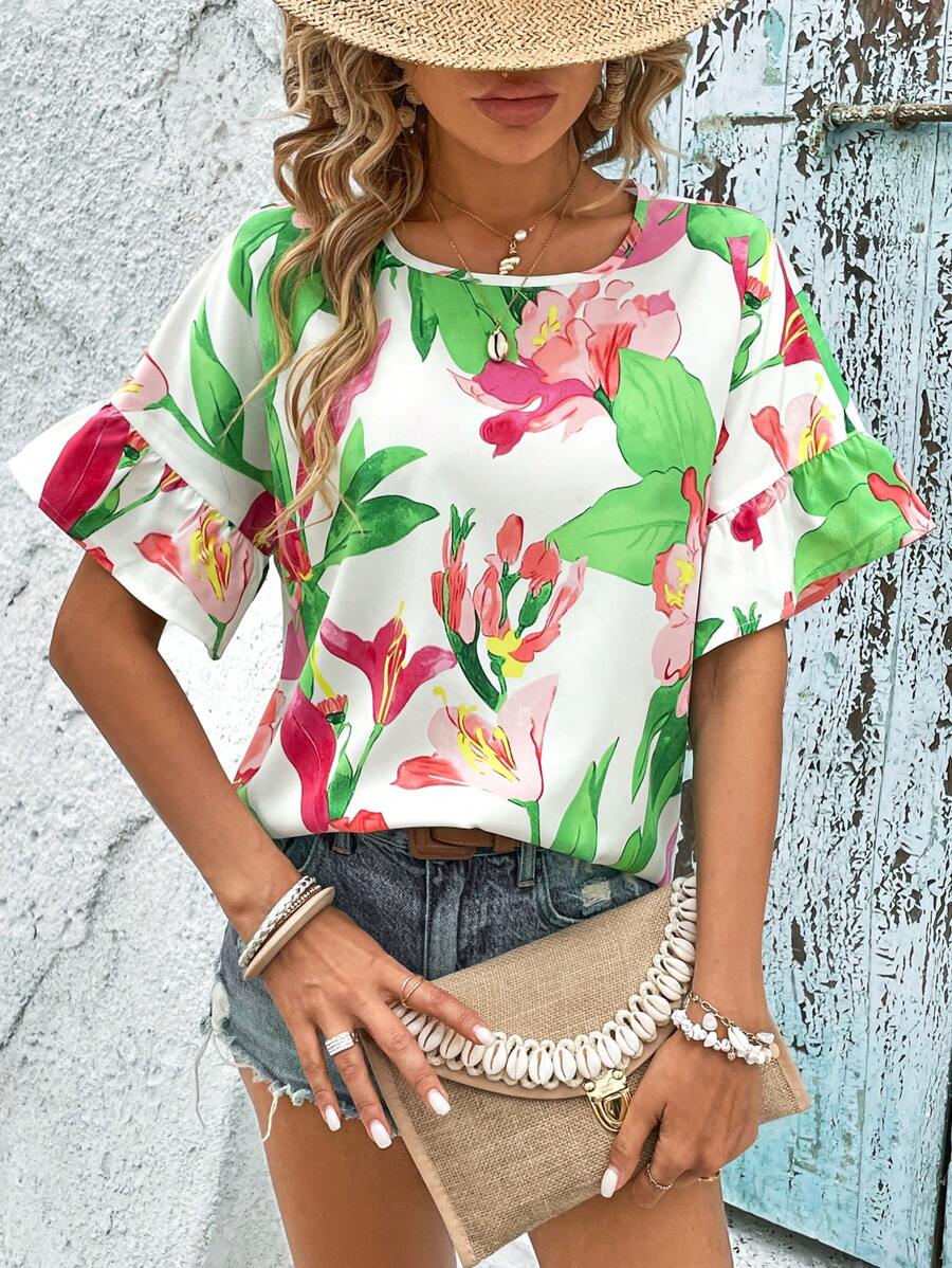 SHEIN VCAY 印花荷葉袖襯衫 - 彩色 - 查看 1