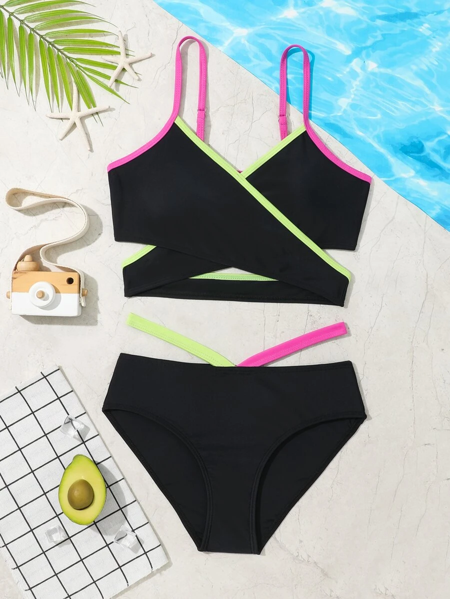 少女撞色绑带比基尼套装 夏日海滩 - 黑色 - 查看 1