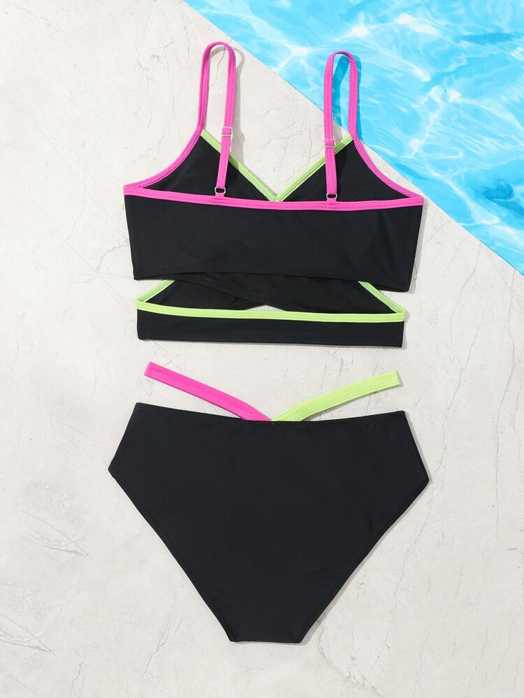 Teen Girls Contrast Binding Wrap Bikini Set Summer Beach
