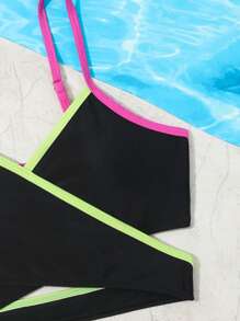 少女撞色绑带比基尼套装 夏日海滩 - 黑色 - 查看 3
