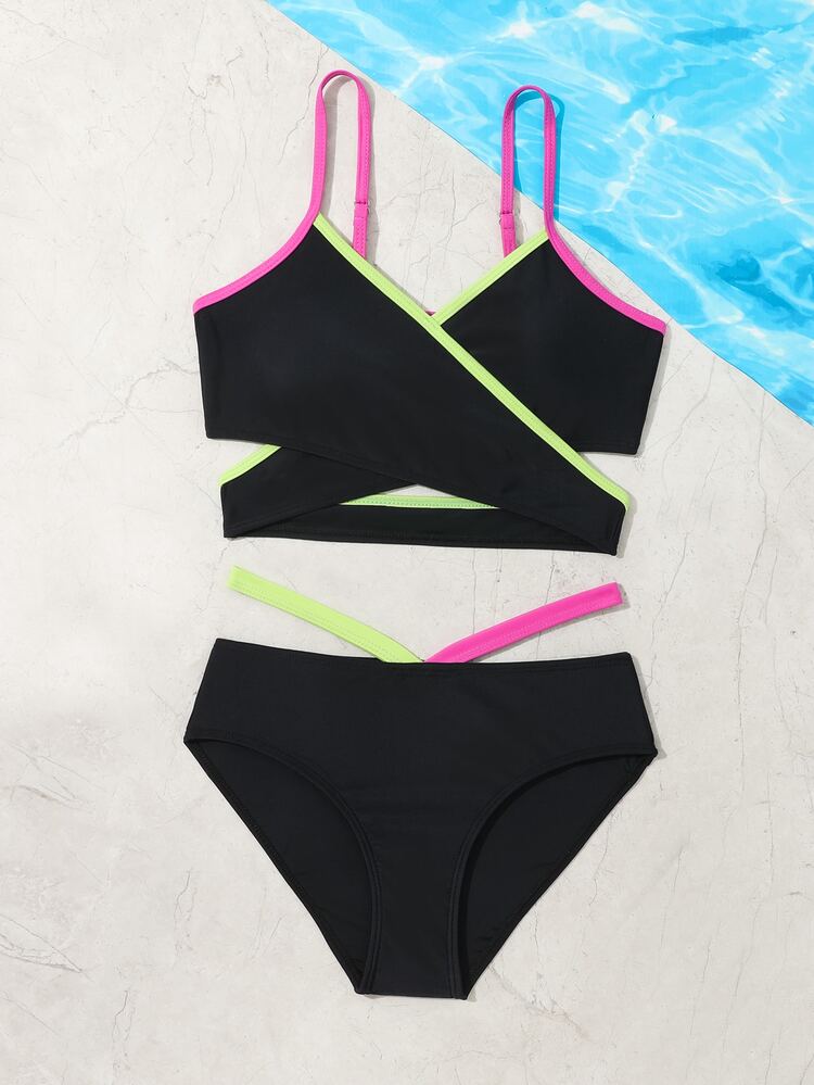 Teen Girls Contrast Binding Wrap Bikini Set Summer Beach