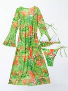 Tropical Print Halter Triangle Bikini Set With Kimono, For Summer Beach Vacation - Multicolor - View 5