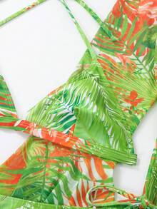 Tropical Print Halter Triangle Bikini Set With Kimono, For Summer Beach Vacation - Multicolor - View 3