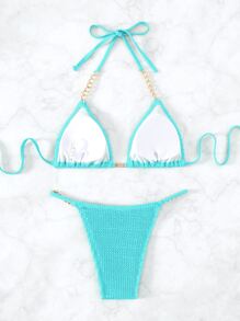 SHEIN Swim Summer Beach Textured Bikini Set Chain Linked Halter Micro Triangle Bra & Thong Bottom 2 Piece Bathing Suit