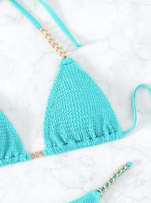 SHEIN Swim Summer Beach Textured Bikini Set Chain Linked Halter Micro Triangle Bra & Thong Bottom 2 Piece Bathing Suit