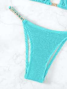 SHEIN Swim Summer Beach Textured Bikini Set Chain Linked Halter Micro Triangle Bra & Thong Bottom 2 Piece Bathing Suit
