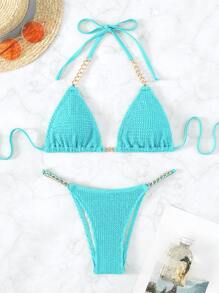 SHEIN Swim Summer Beach Textured Bikini Set Chain Linked Halter Micro Triangle Bra & Thong Bottom 2 Piece Bathing Suit