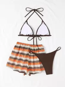 SHEIN Swim Summer Beach Chevron Print Halter Triangle Bikini Set With Beach Shorts - Multicolor - View 2