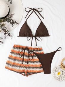 SHEIN Swim Summer Beach Chevron Print Halter Triangle Bikini Set With Beach Shorts - Multicolor - View 3