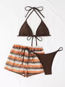 SHEIN Swim Summer Beach Chevron Print Halter Triangle Bikini Set With Beach Shorts - Multicolor - View 6