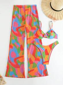 Allover Print Underwire Bikini Set With Beach Pants - Multicolor - View 4