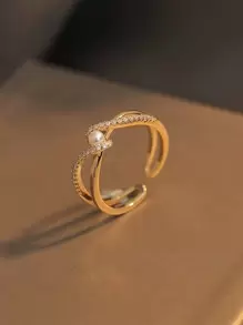 Rhinestone Decor Cuff Ring - Yellow Gold - View 2