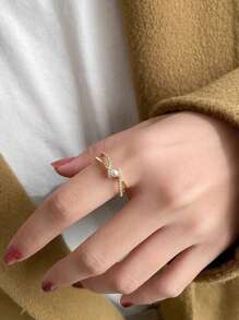 Rhinestone Decor Cuff Ring - Yellow Gold - View 4