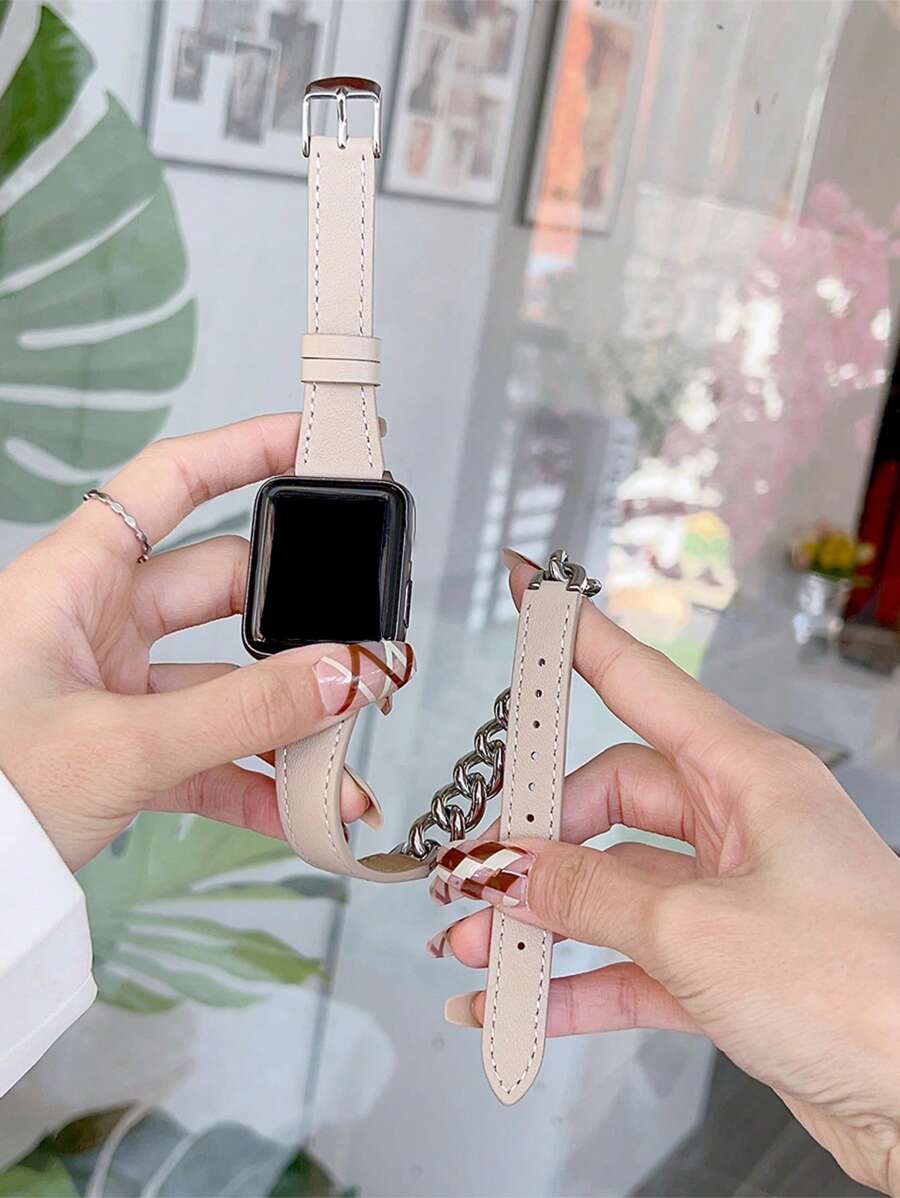 Dây đeo đồng hồ bằng da dạng xích tương thích với Apple Watch - Màu be - Xem 1