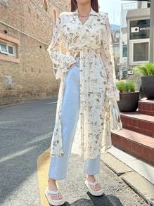 DAZY Allover Print Flounce Sleeve Tie Front Longline Shirt Long Sleeve Top - Beige - View 1