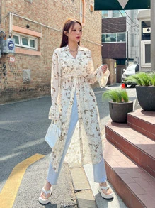 DAZY Allover Print Flounce Sleeve Tie Front Longline Shirt Long Sleeve Top - Beige - View 4