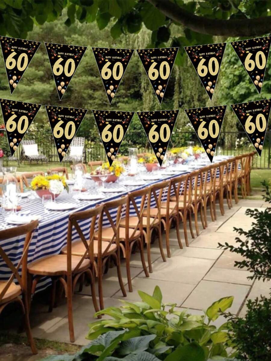 Bộ 1 60th Birthday Party Banner Giấy Graph, Cờ Kéo Tam Giác Cho Tiệc Sinh Nhật - màu đen - Xem 1