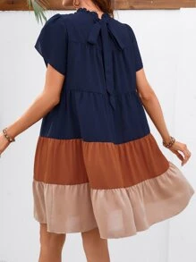 SHEIN LUNE Đầm viền lá sen Viên lá sen Khối Màu Dễ thương - Màu xanh hải quân - Xem 2