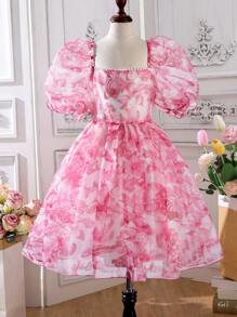 SHEIN Tween Girl Floral Print Puff Sleeve Organza Overlay Dress
