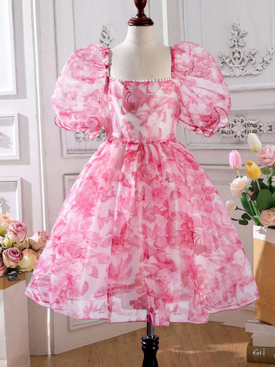 SHEIN Tween Girl Floral Print Puff Sleeve Organza Overlay Dress