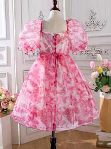 SHEIN Tween Girl Floral Print Puff Sleeve Organza Overlay Dress