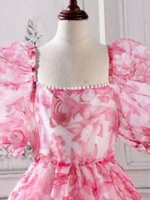 SHEIN Tween Girl Floral Print Puff Sleeve Organza Overlay Dress