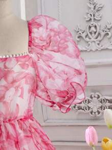 SHEIN Tween Girl Floral Print Puff Sleeve Organza Overlay Dress