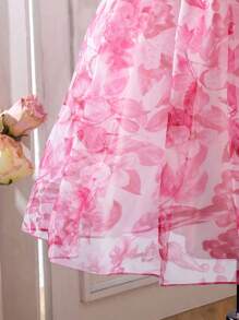 SHEIN Tween Girl Floral Print Puff Sleeve Organza Overlay Dress