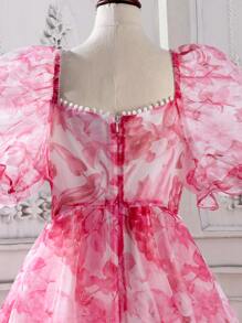 SHEIN Tween Girl Floral Print Puff Sleeve Organza Overlay Dress