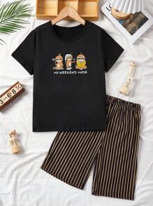 Boys Striped & Slogan Graphic PJ Set - Black - View 1