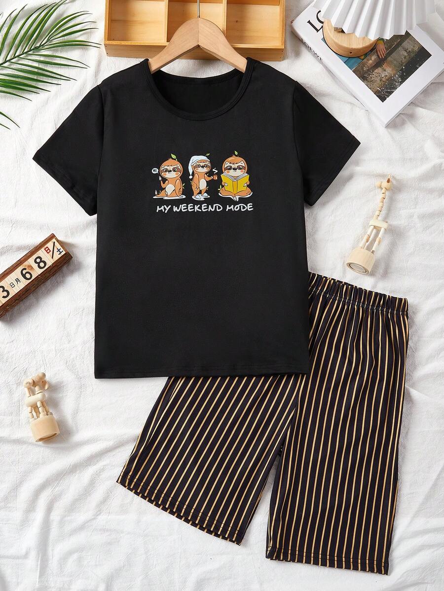 Boys Striped & Slogan Graphic PJ Set - Black - View 1