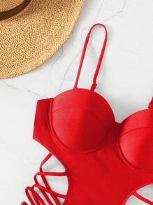 Swim SXY 2025 Women's Solid Color Hollow Out Spaghetti Strap One-Piece Push Up Swimsuit With Underwire For Summer Beach Vacation - Red - View 3