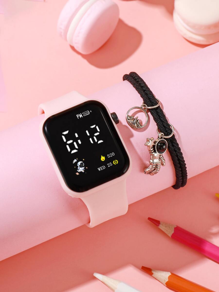 1pc Water Resistant Electronic Watch & 1pc Astronaut Charm Bracelet