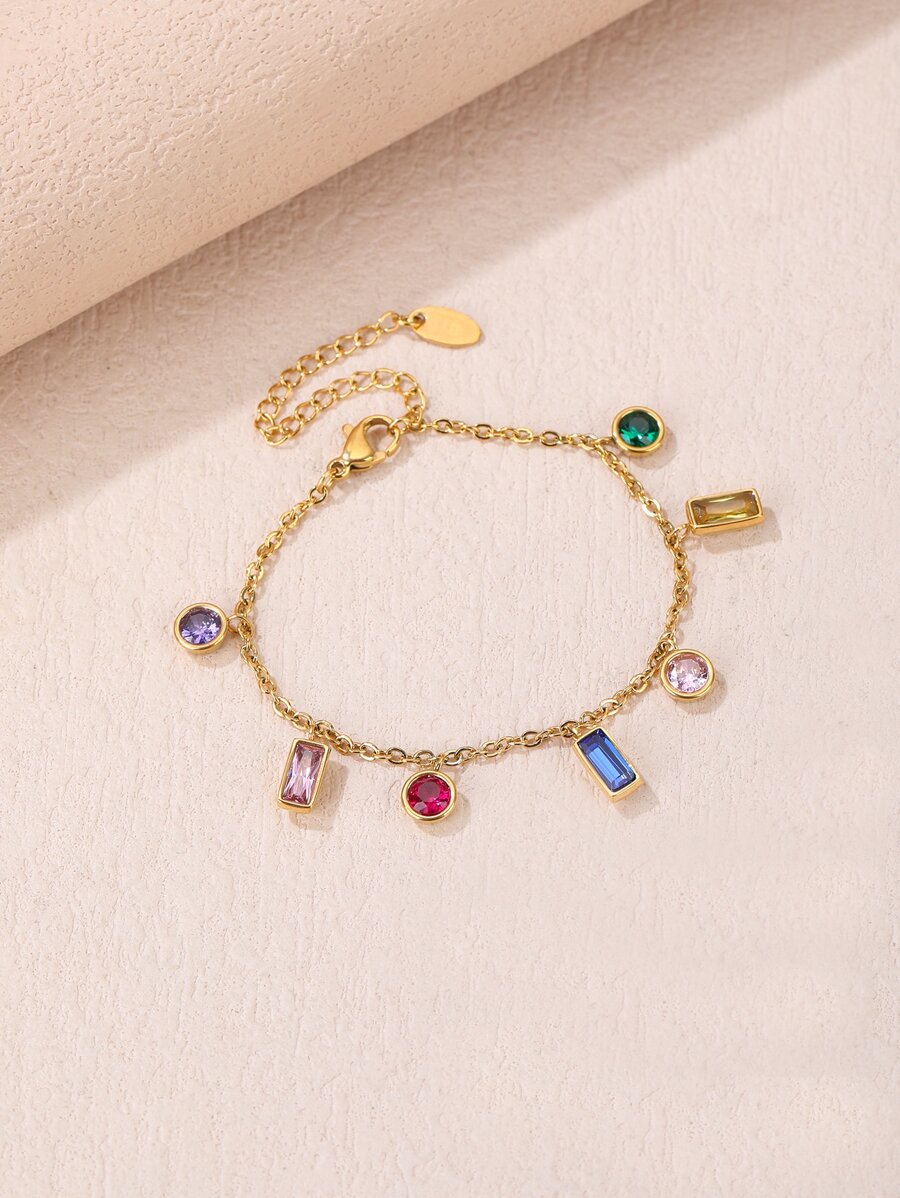 1入組時尚不銹鋼方晶鋯石吊墜手環適用於女士適用於約會禮物 - 彩色 - 查看 1