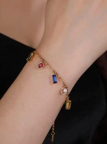 1入組時尚不銹鋼方晶鋯石吊墜手環適用於女士適用於約會禮物 - 彩色 - 查看 3