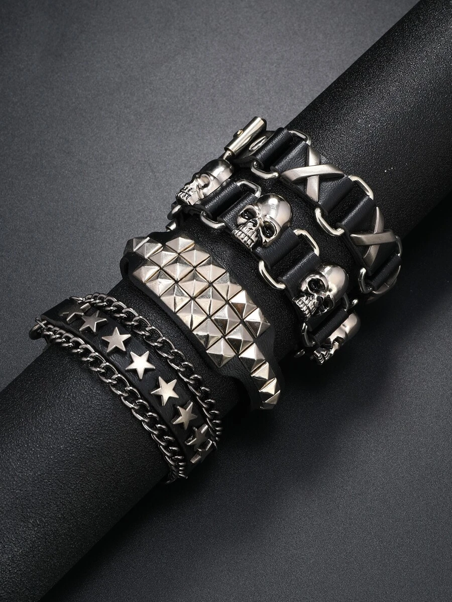 4pcs Men Skull Decor Bracelet - Black - View 1